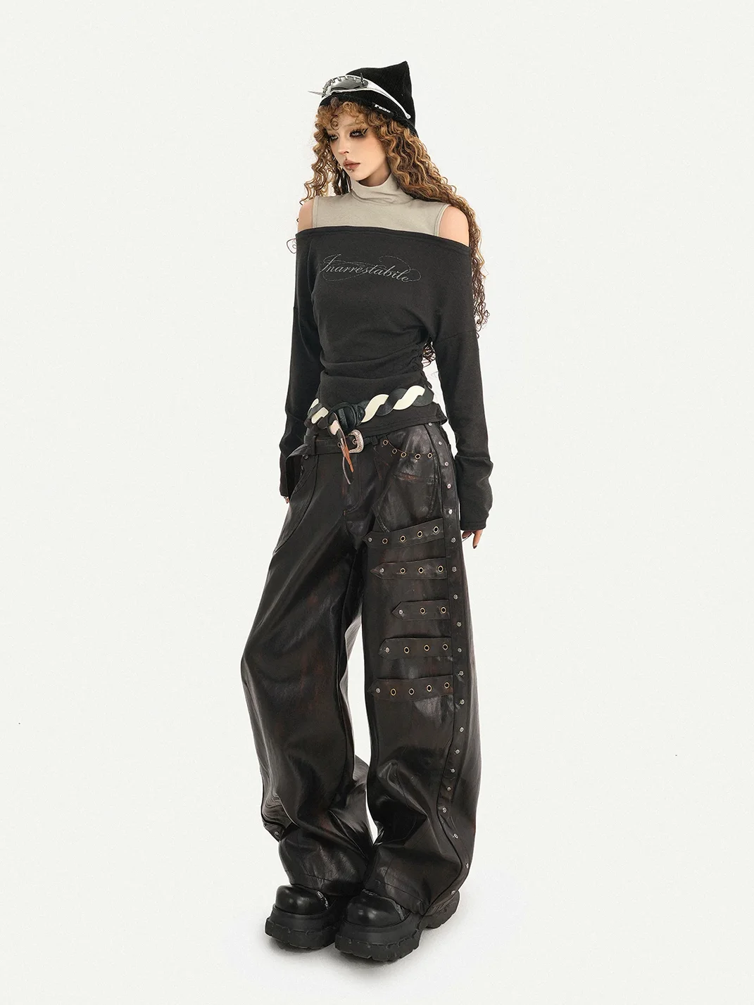 Nico Molly | Studded Wide-Leg Loose-Fit Leather Pants