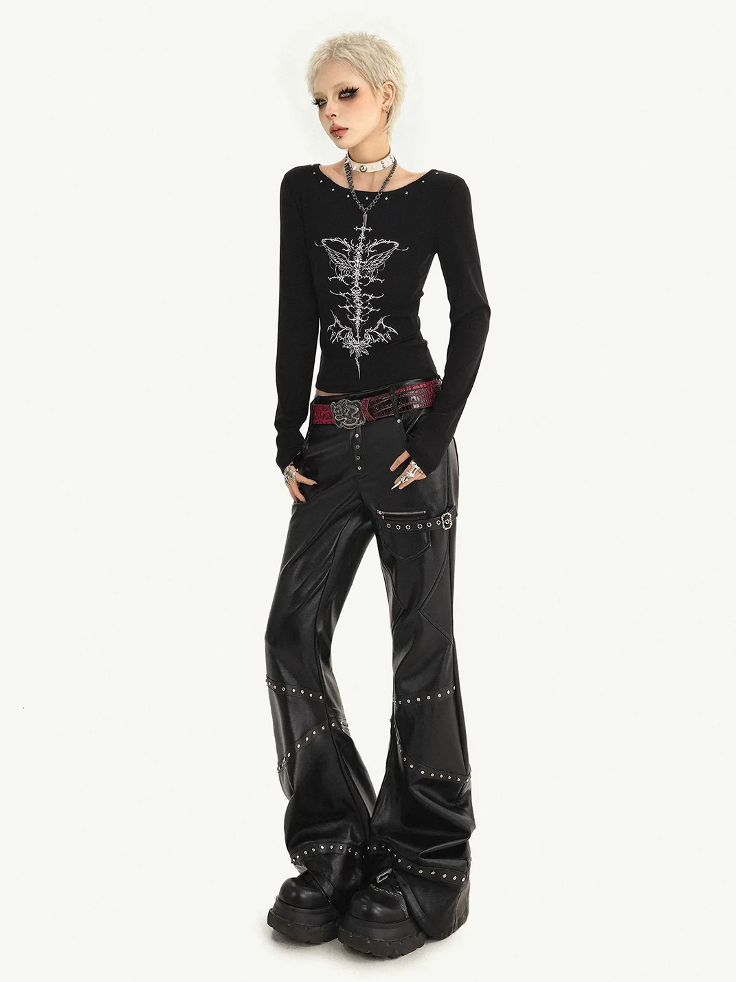 Nico Molly | Black Slim-Fit Long-Sleeve Punk T-Shirt