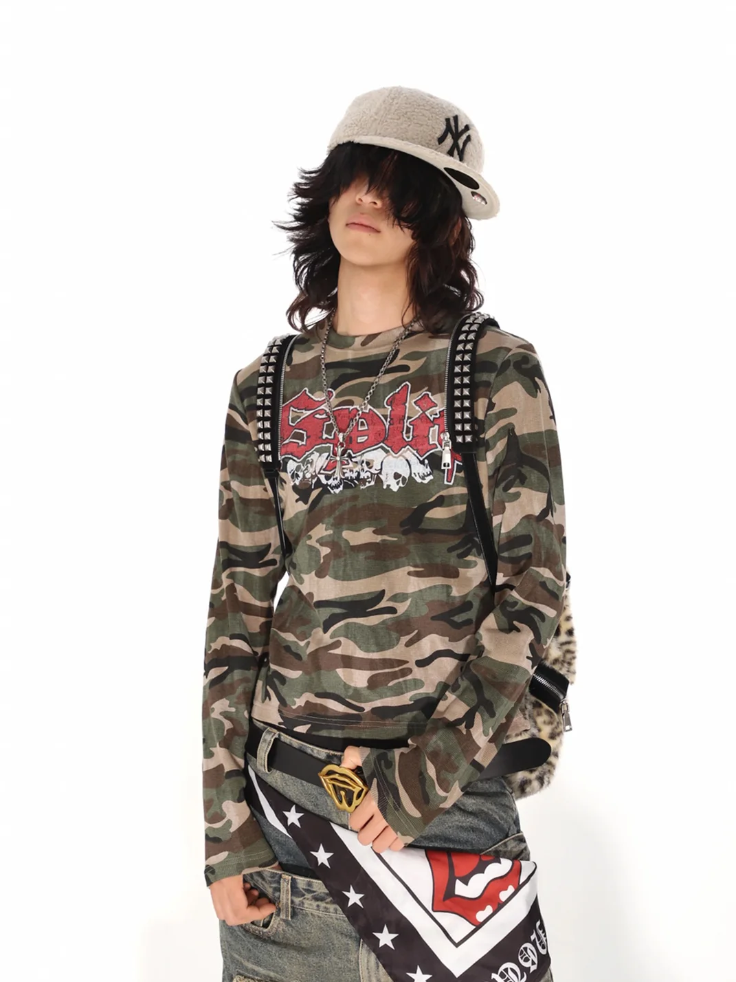 THEWET | Waffle Gothic Skull Print Camouflage Long Sleeve T-Shirt