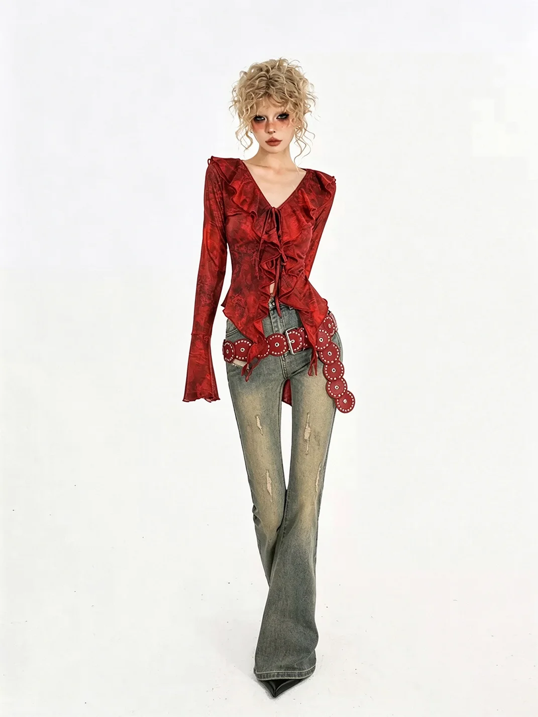 Nico Molly | Red Tie-Front V-Neck Bell Sleeve Shirt