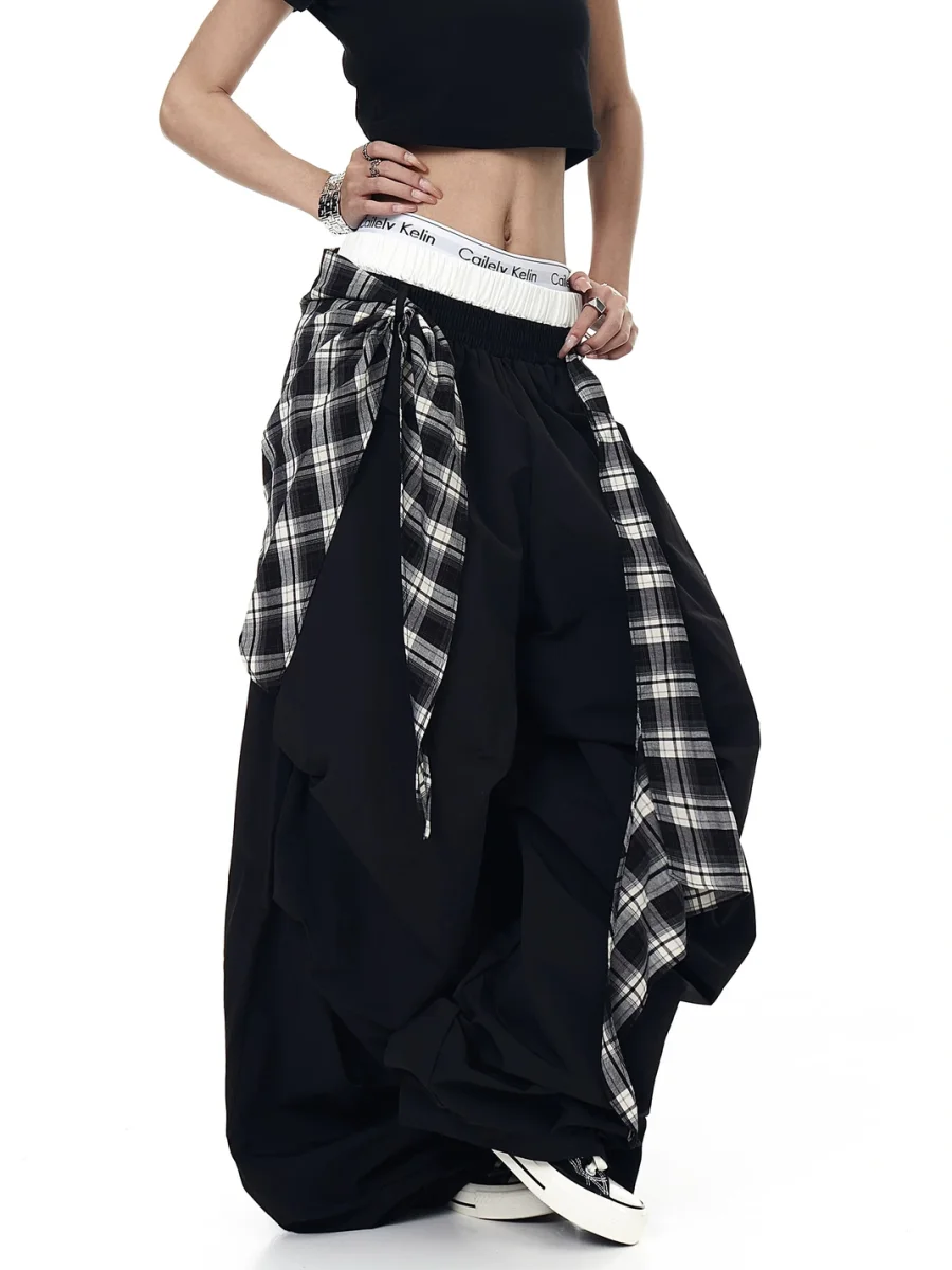 BLACKLISTS | Plaid Accent Double Waistband Wide-Leg Parachute Pants - 4
