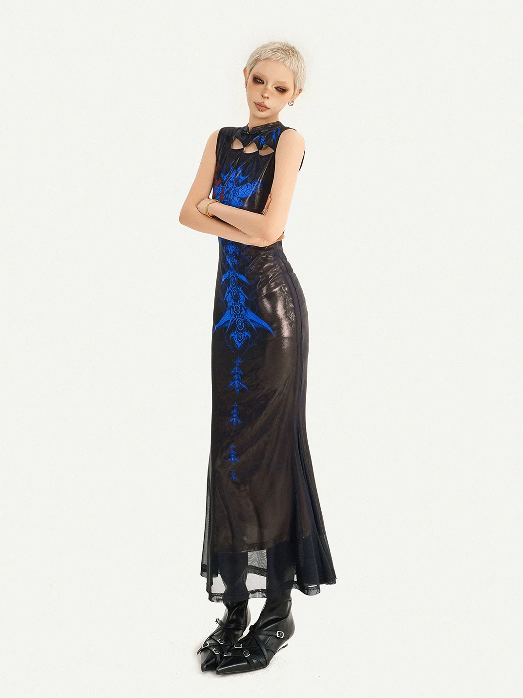 Nico Molly | Blue Fitted Cheongsam Maxi Dress