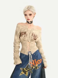 Nico Molly | Off-Shoulder Lace-Up Fitted Shirt
