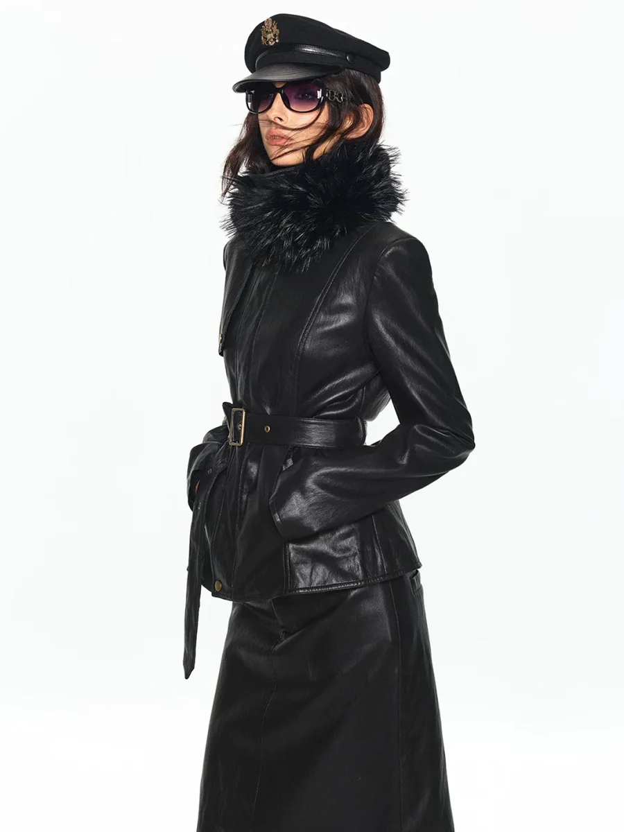 SereneEase | Black Detachable Fur-Collar Leather Jacket And Skirt Set - 2