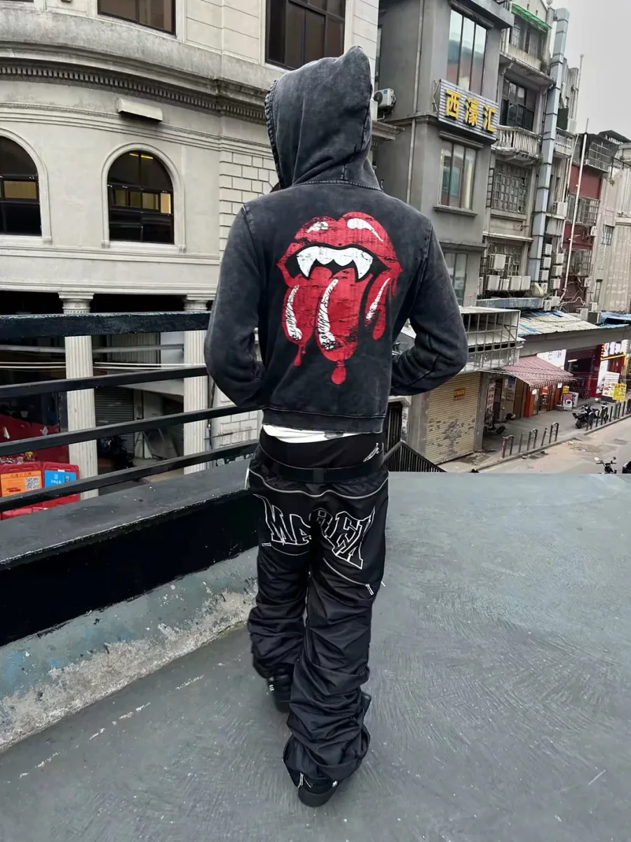 THEWET | Washed Distressed Split-Tongue Graphic Hoodie - 4