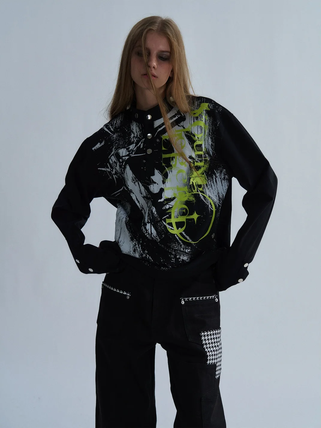 PAIKI | Studded Stand Collar Long Sleeve Printed Top