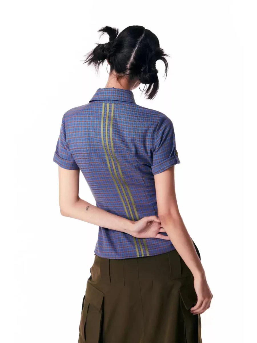 JIKOO | Blue Plaid Short Sleeve Collared Shirt - 3