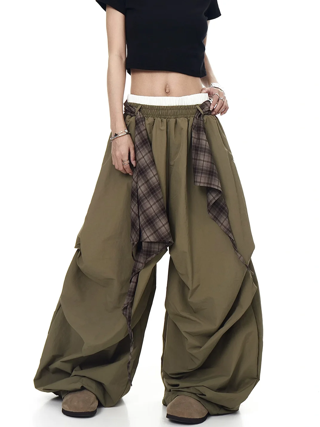 BLACKLISTS | Plaid Accent Double Waistband Wide-Leg Parachute Pants
