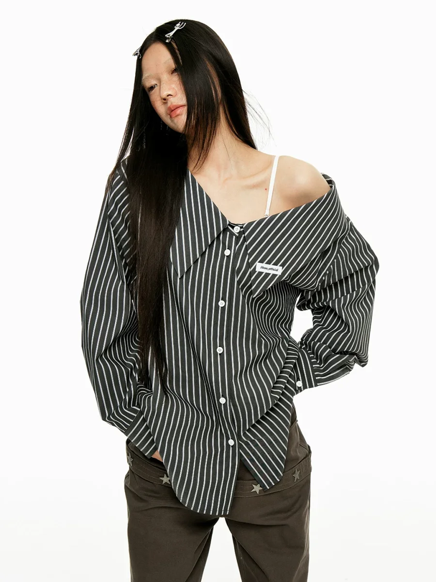 JIKOO | Detachable Collar Vertical Striped Off-Shoulder Shirt - 3