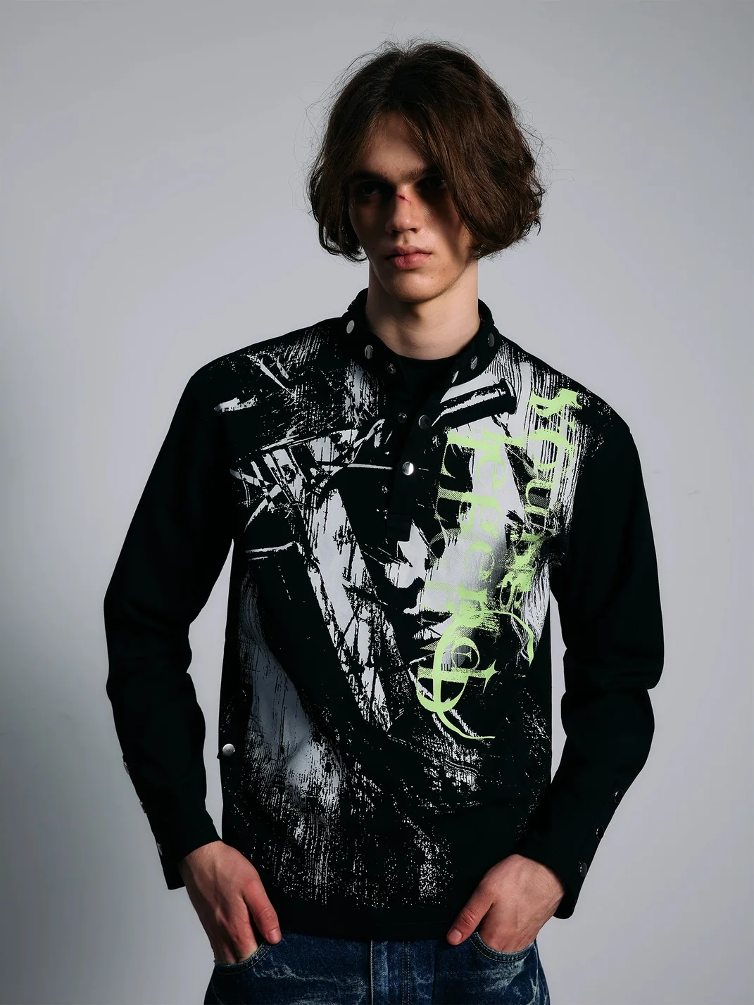 PAIKI | Studded Stand Collar Long Sleeve Printed Top