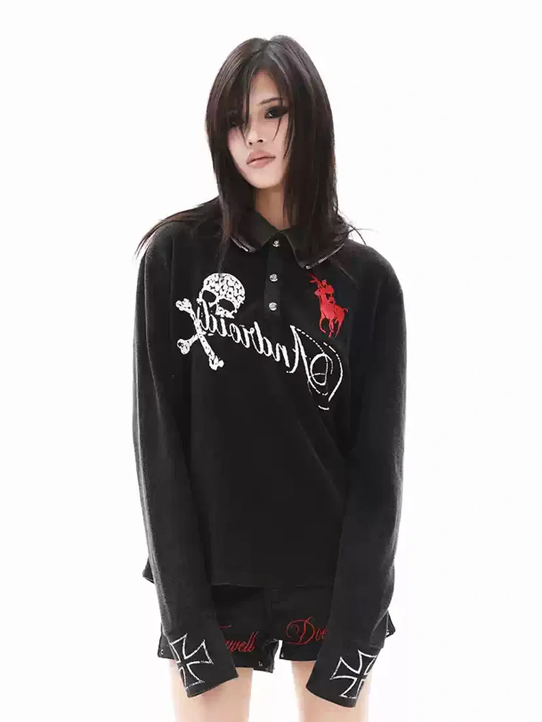DETW | Skull Graphic Washed Waffle Long Sleeve Polo Shirt