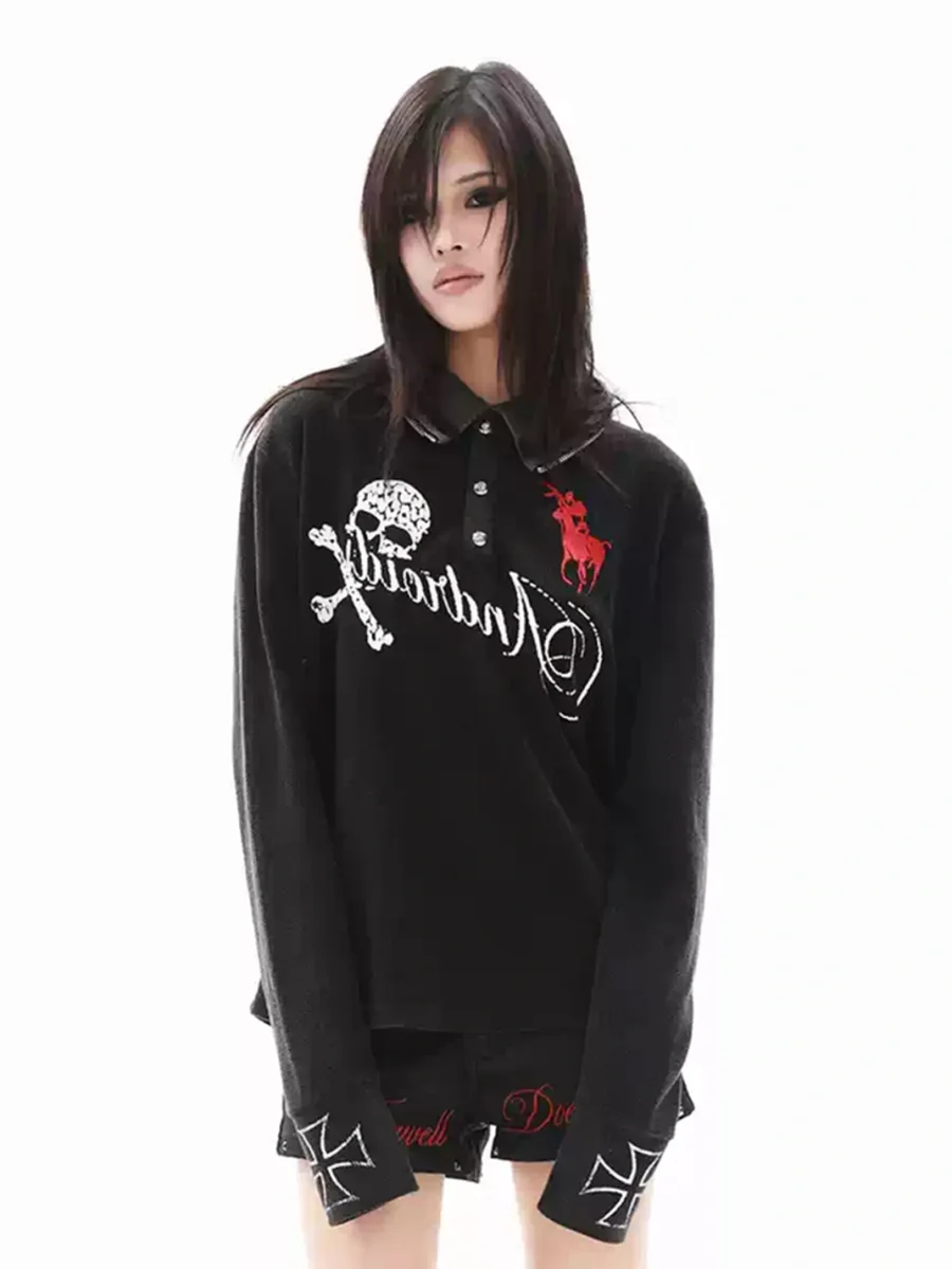 DETW | Skull Graphic Washed Waffle Long Sleeve Polo Shirt - 2