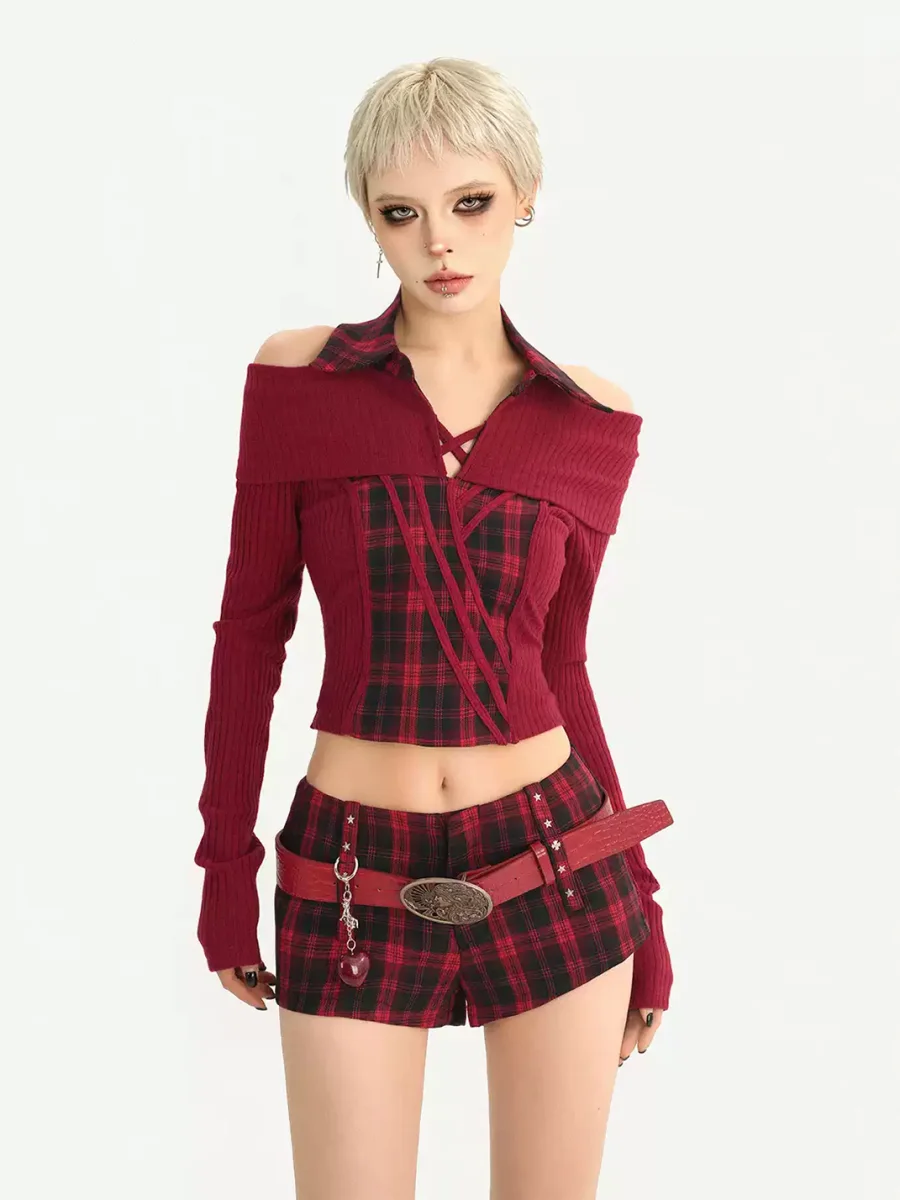 Nico Molly | Off-Shoulder Plaid Knit Top And Shorts Set - 2