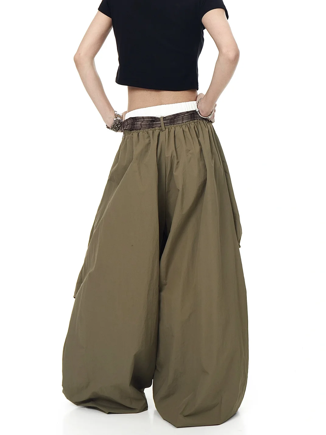 BLACKLISTS | Plaid Accent Double Waistband Wide-Leg Parachute Pants