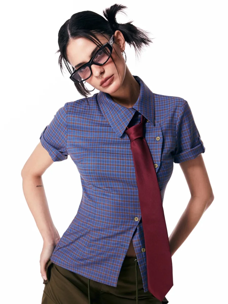JIKOO | Blue Plaid Short Sleeve Collared Shirt - 2