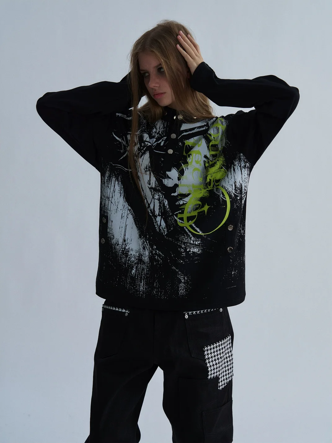 PAIKI | Studded Stand Collar Long Sleeve Printed Top