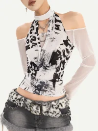 Nico Molly | Halter Off-Shoulder Letter Print Long-Sleeve Mesh Layered T-Shirt