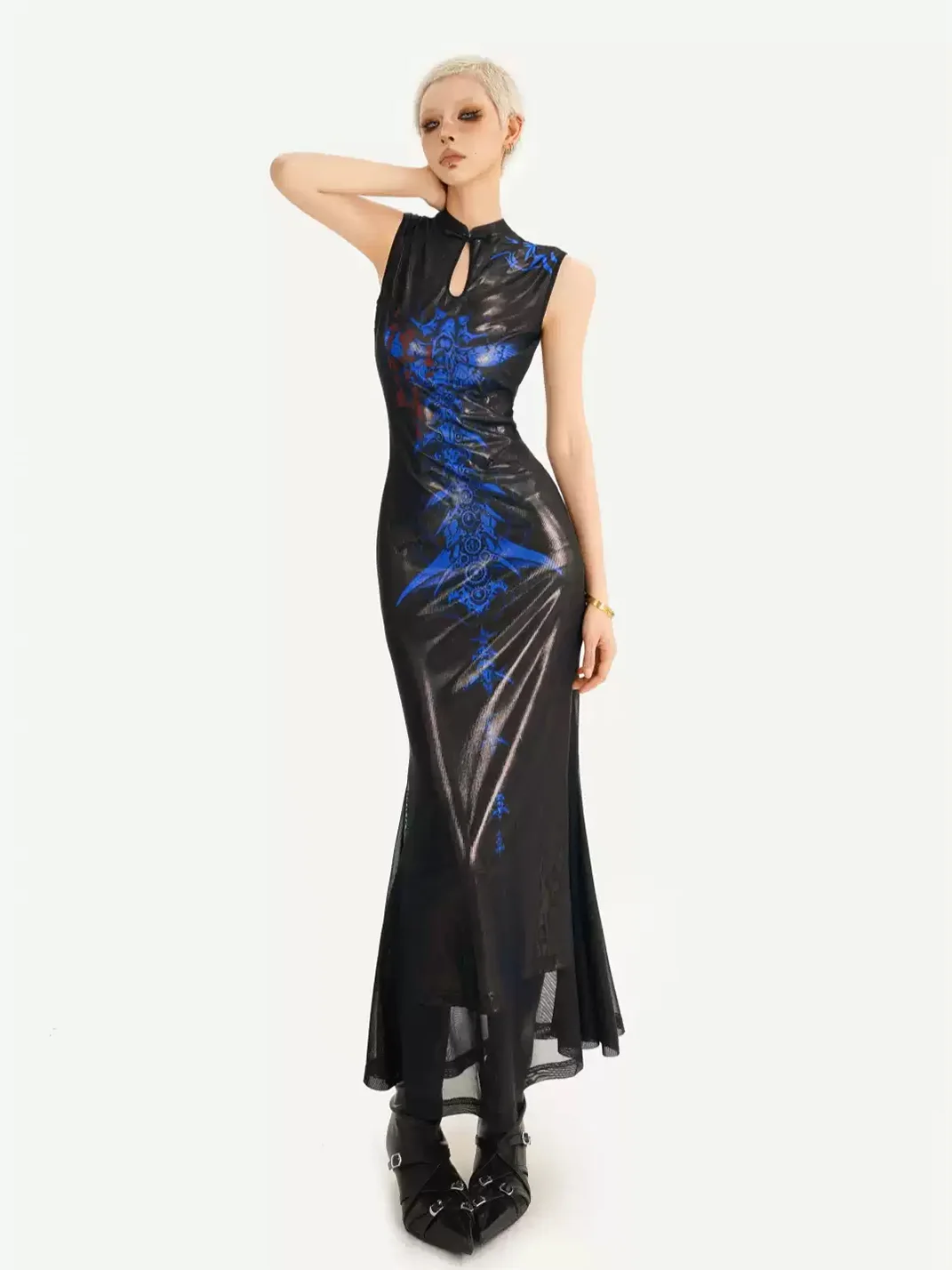Nico Molly | Blue Fitted Cheongsam Maxi Dress