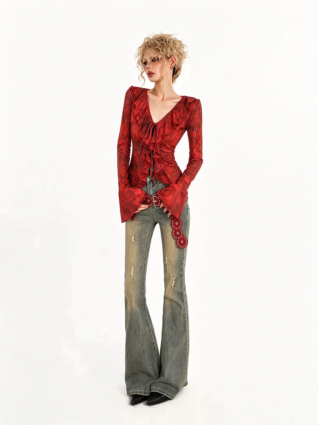Nico Molly | Red Tie-Front V-Neck Bell Sleeve Shirt