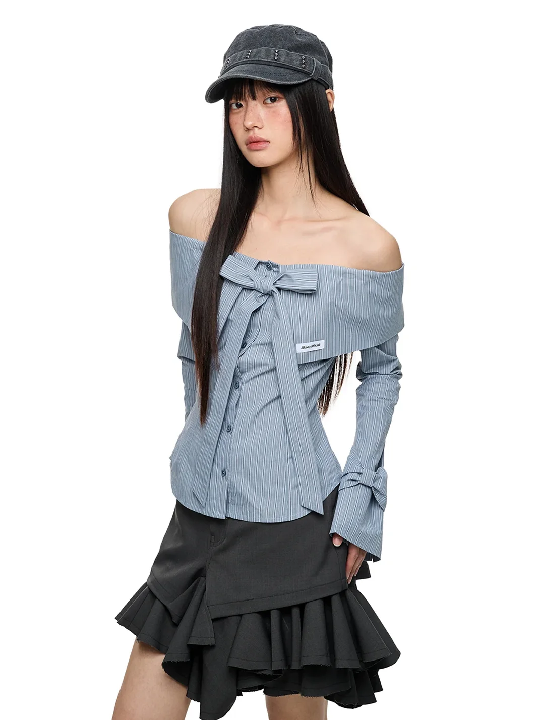 JIKOO | Bow Off-Shoulder Fitted Long-Sleeve Shirt