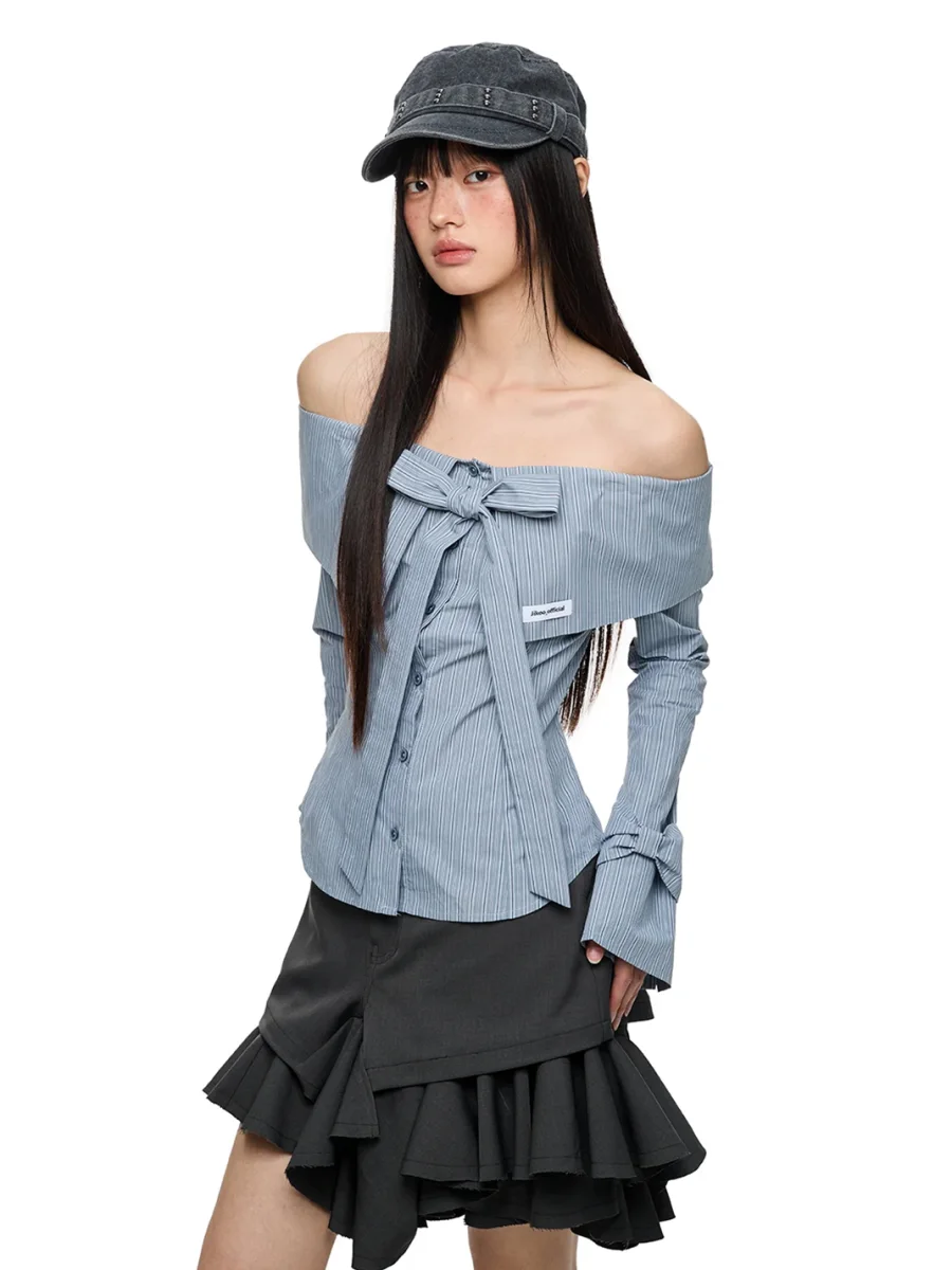 JIKOO | Bow Off-Shoulder Fitted Long-Sleeve Shirt - 2