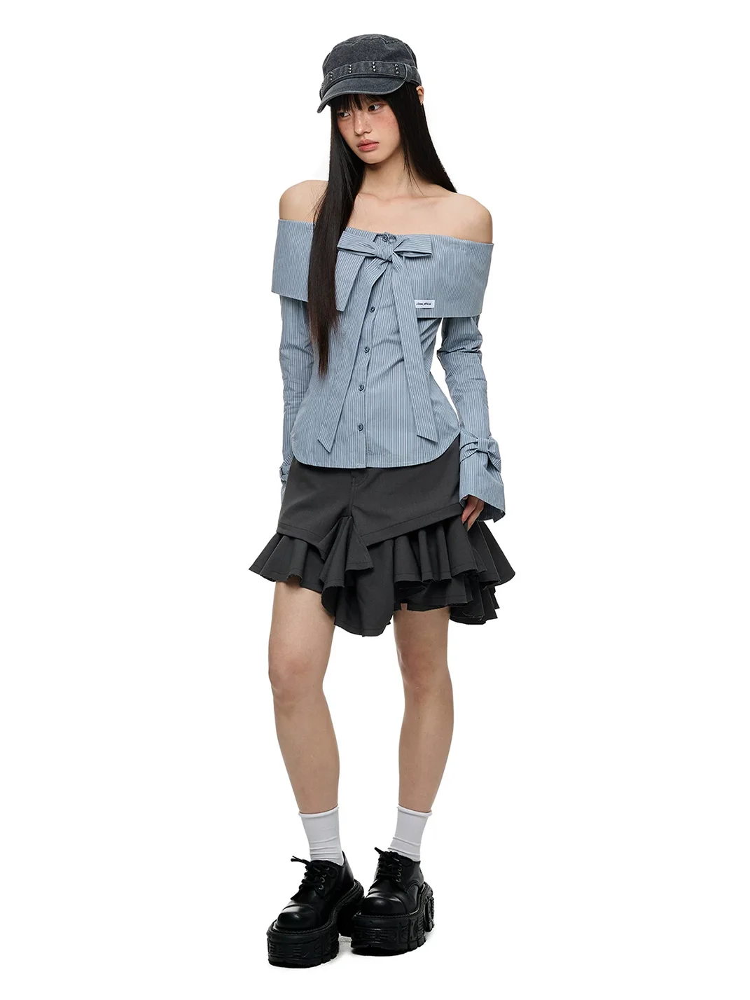 JIKOO | Bow Off-Shoulder Fitted Long-Sleeve Shirt