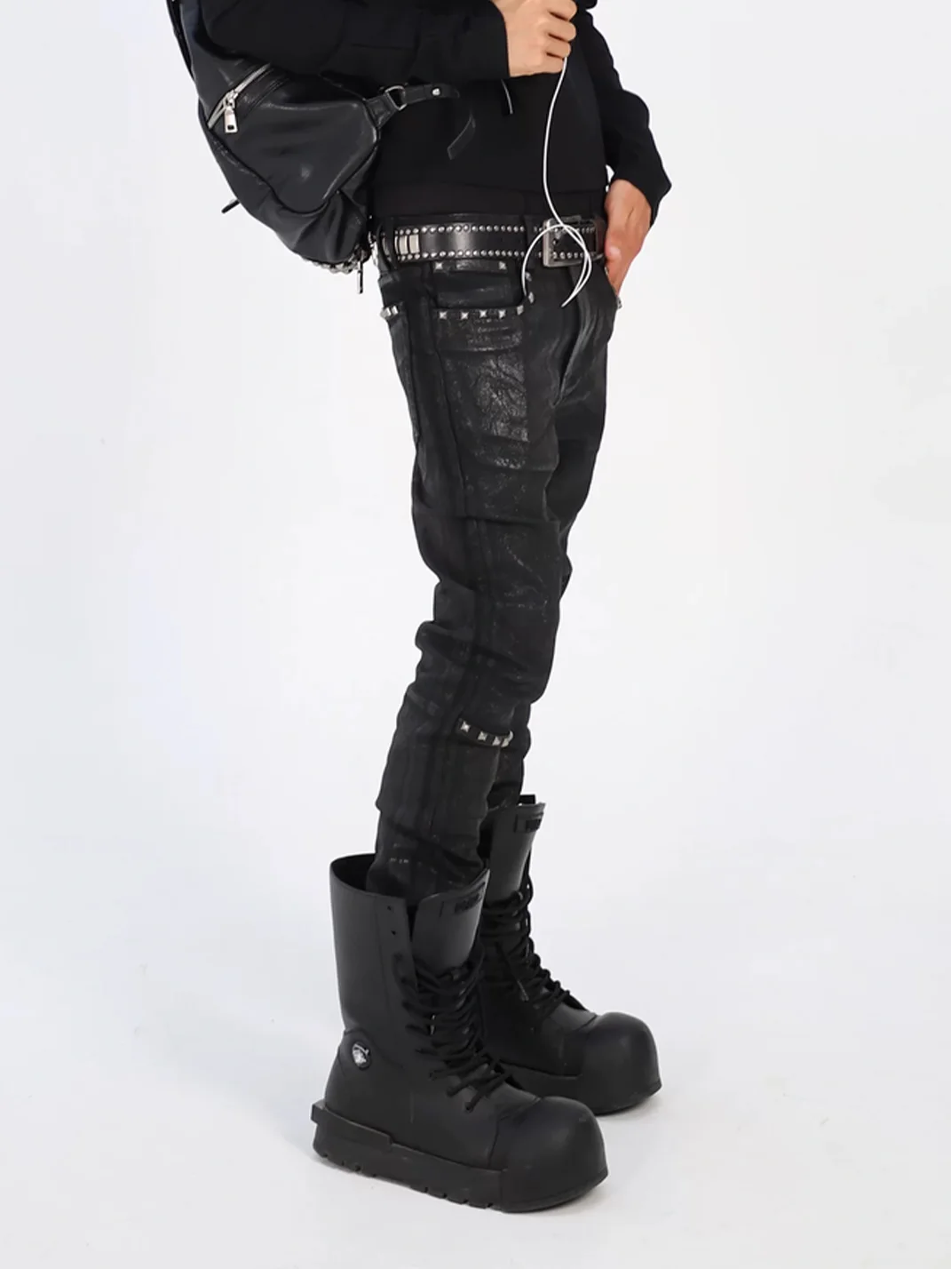 THEWET | Studded Crackle Waxed Slim Straight-Leg Pants
