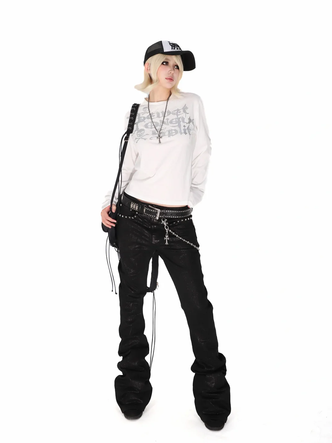 THEWET | Crackle Waxed Studded Flared Pants