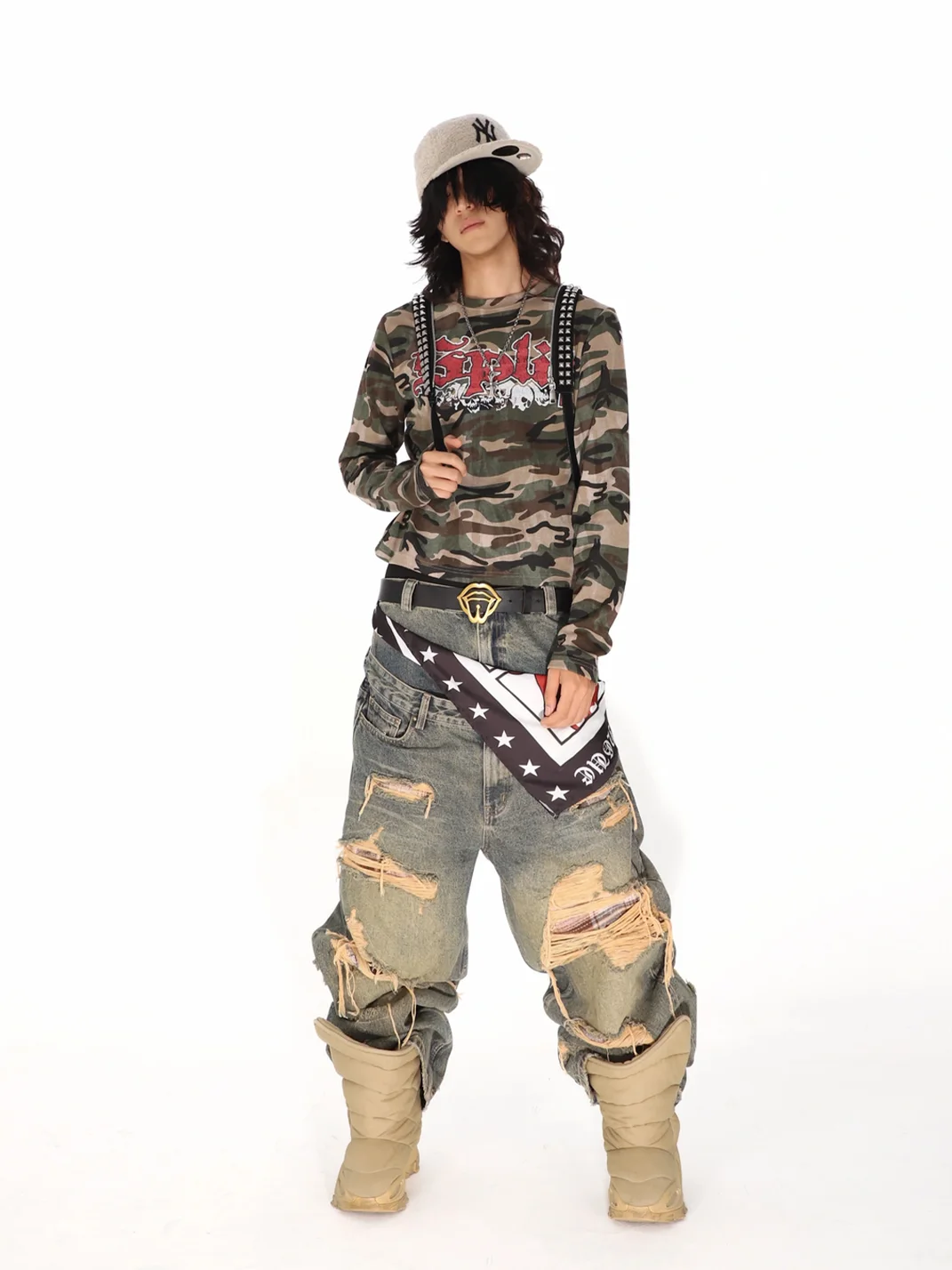 THEWET | Waffle Gothic Skull Print Camouflage Long Sleeve T-Shirt