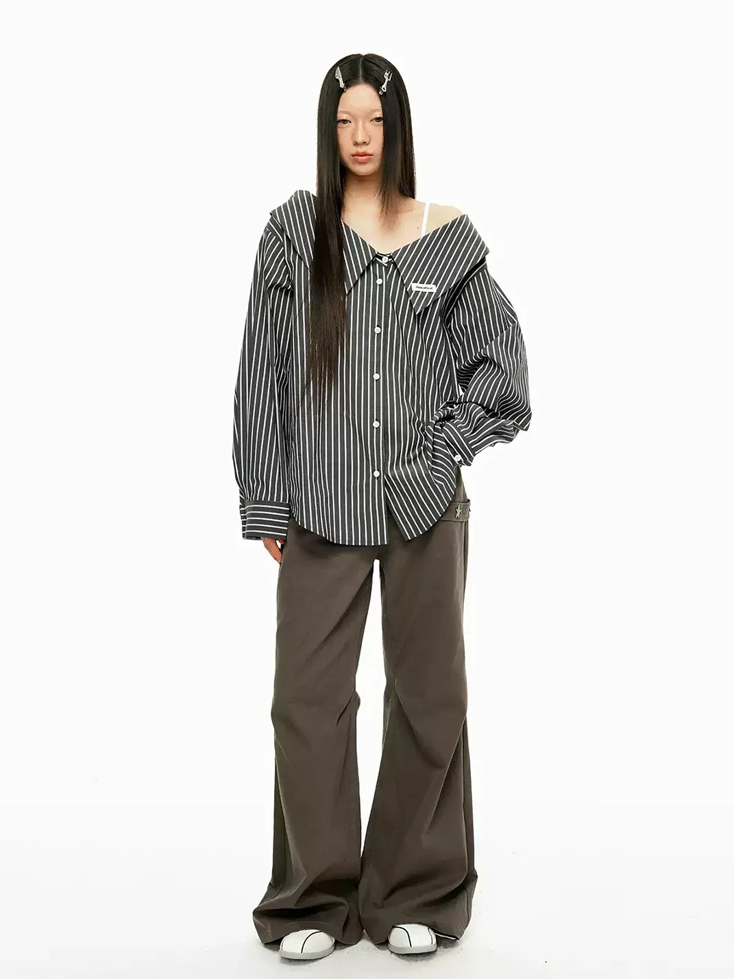 JIKOO | Detachable Collar Vertical Striped Off-Shoulder Shirt