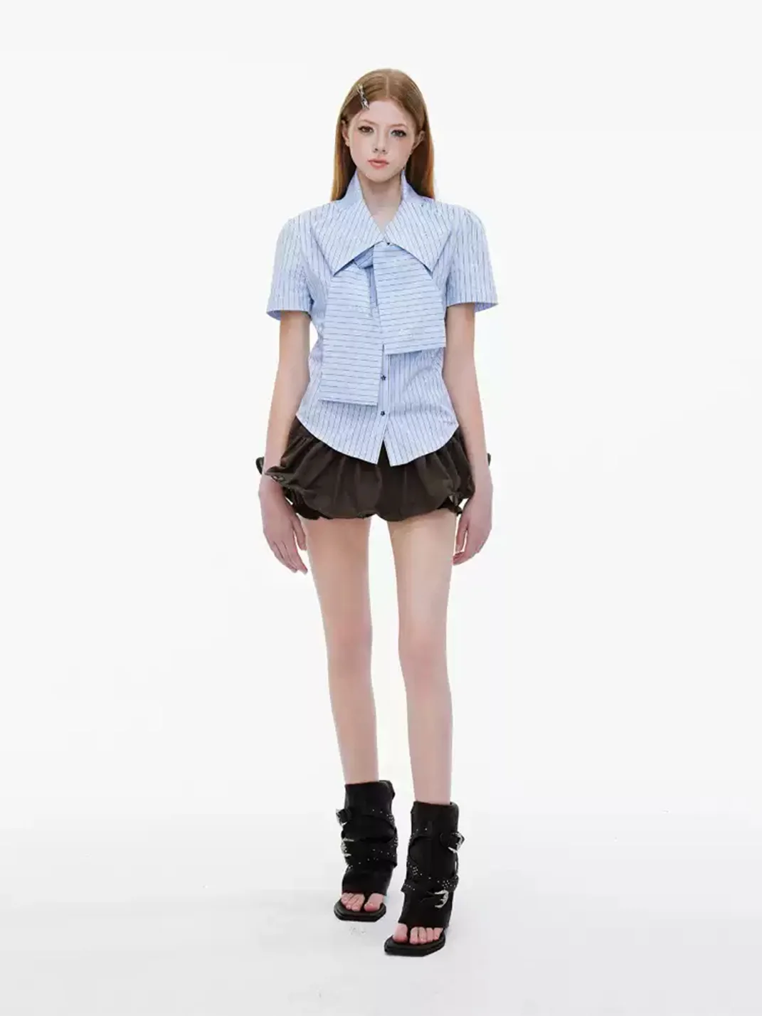 JIKOO | Slim-Fit Striped Bow Rhinestone Short-Sleeve Shirt