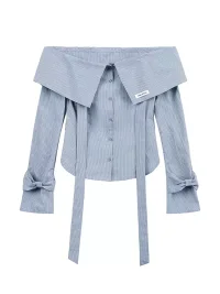 JIKOO | Bow Off-Shoulder Fitted Long-Sleeve Shirt
