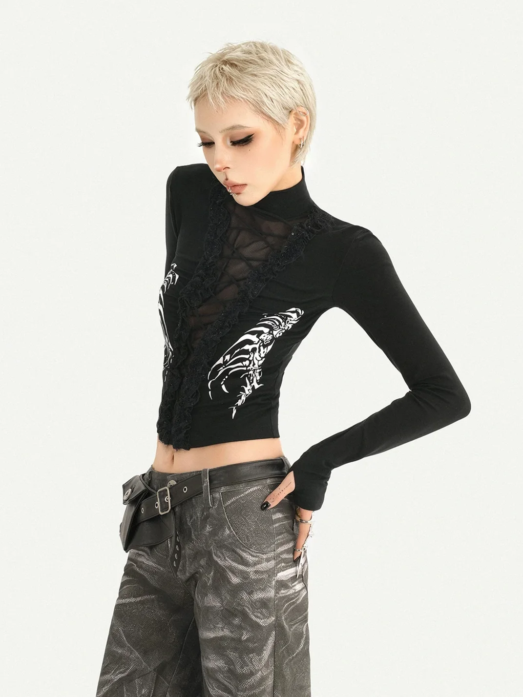 Nico Molly | Slim-Fit Long-Sleeve Lace Panel High-Neck T-Shirt And Pants