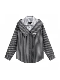 JIKOO | Detachable Collar Vertical Striped Off-Shoulder Shirt
