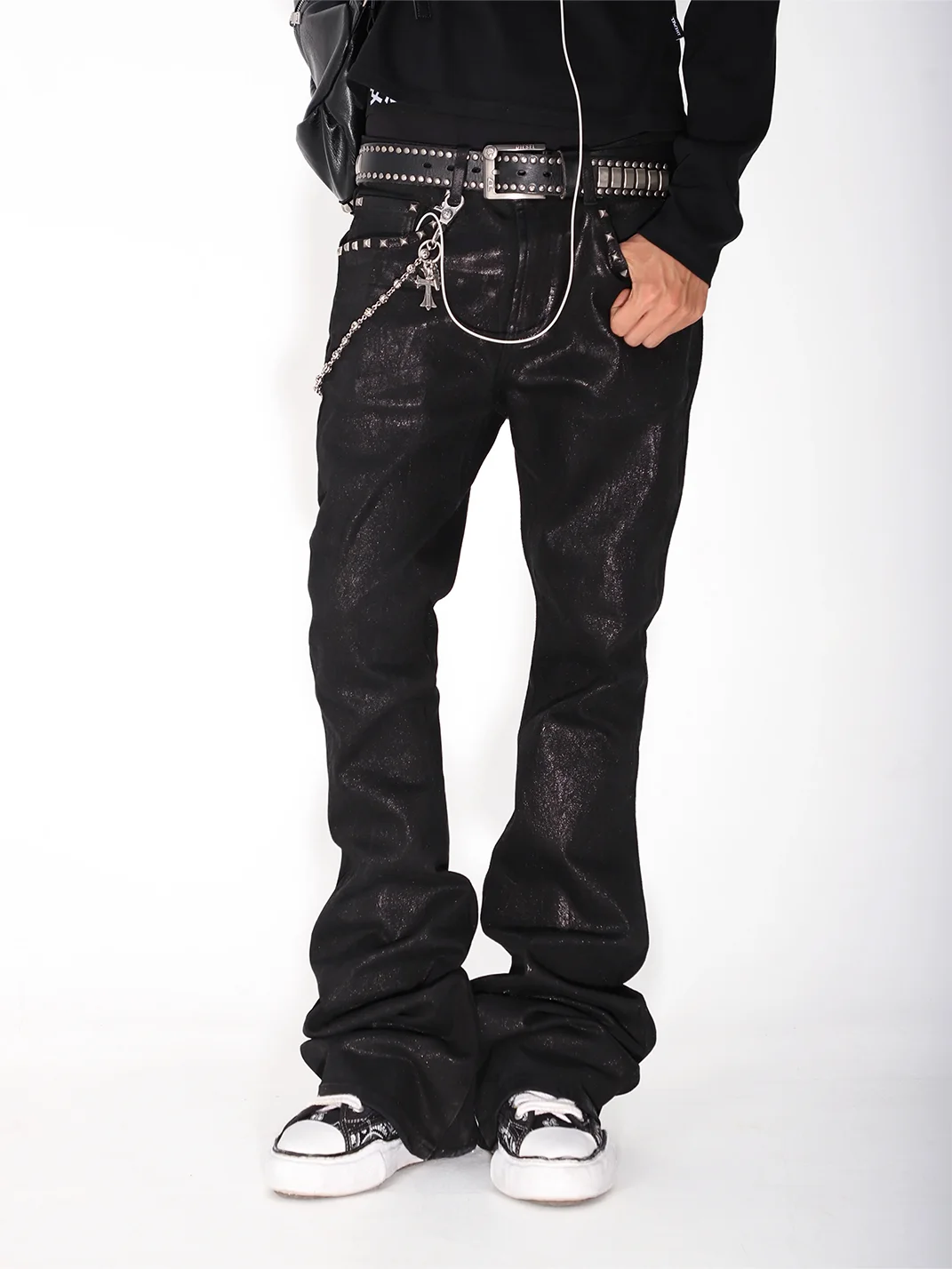 THEWET | Crackle Waxed Studded Flared Pants