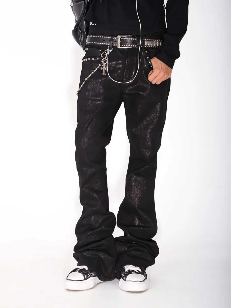 THEWET | Crackle Waxed Studded Flared Pants - 3