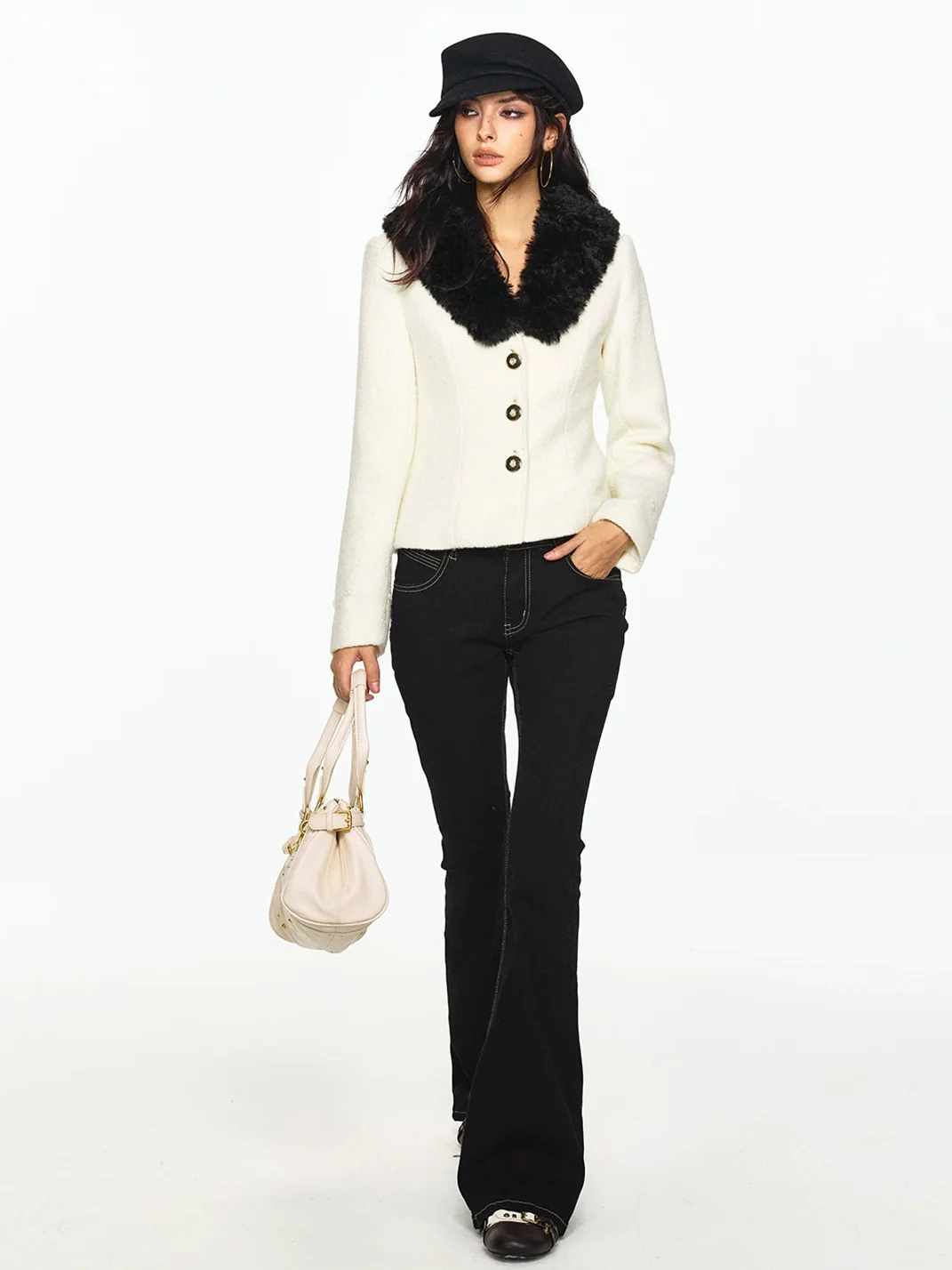 SereneEase | Fur-Collar Jacket And Metallic Skirt Set
