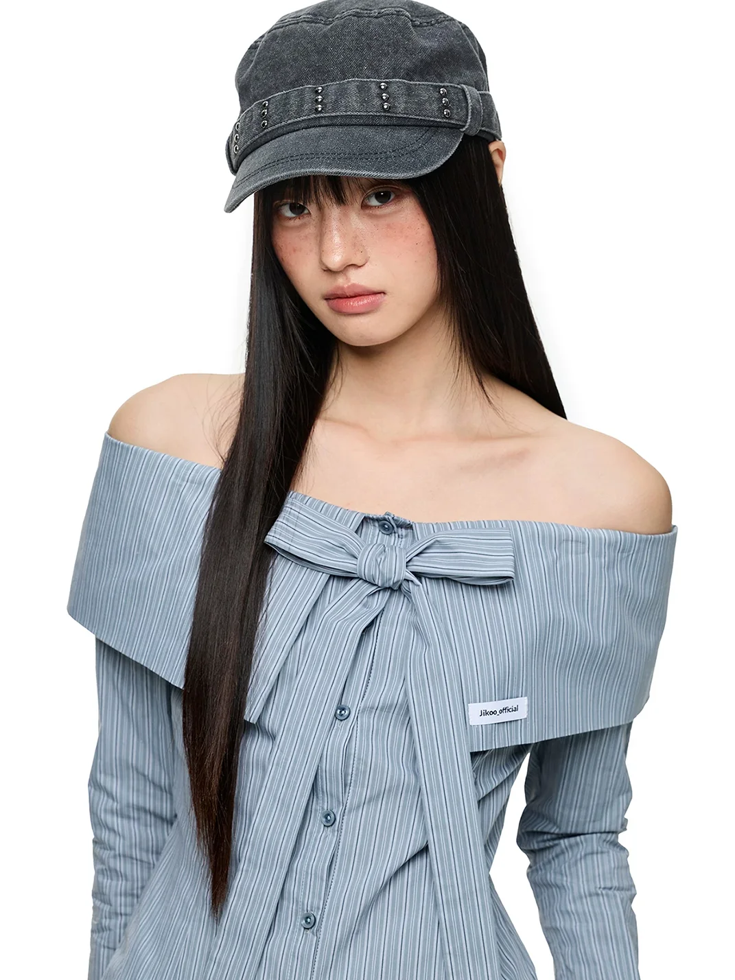 JIKOO | Bow Off-Shoulder Fitted Long-Sleeve Shirt