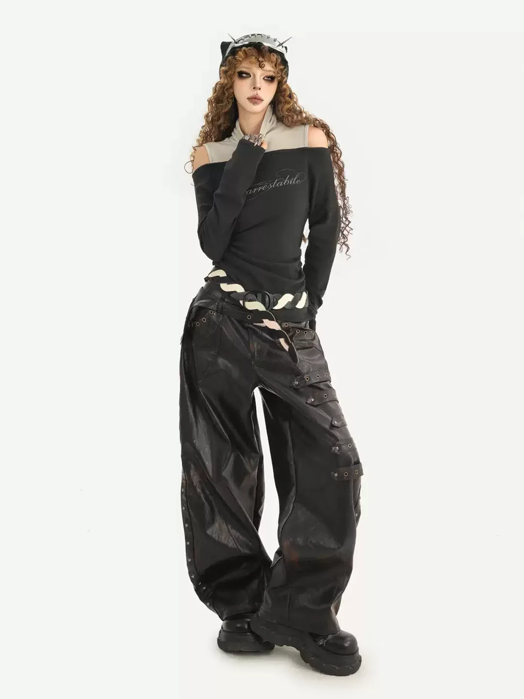 Nico Molly | Studded Wide-Leg Loose-Fit Leather Pants