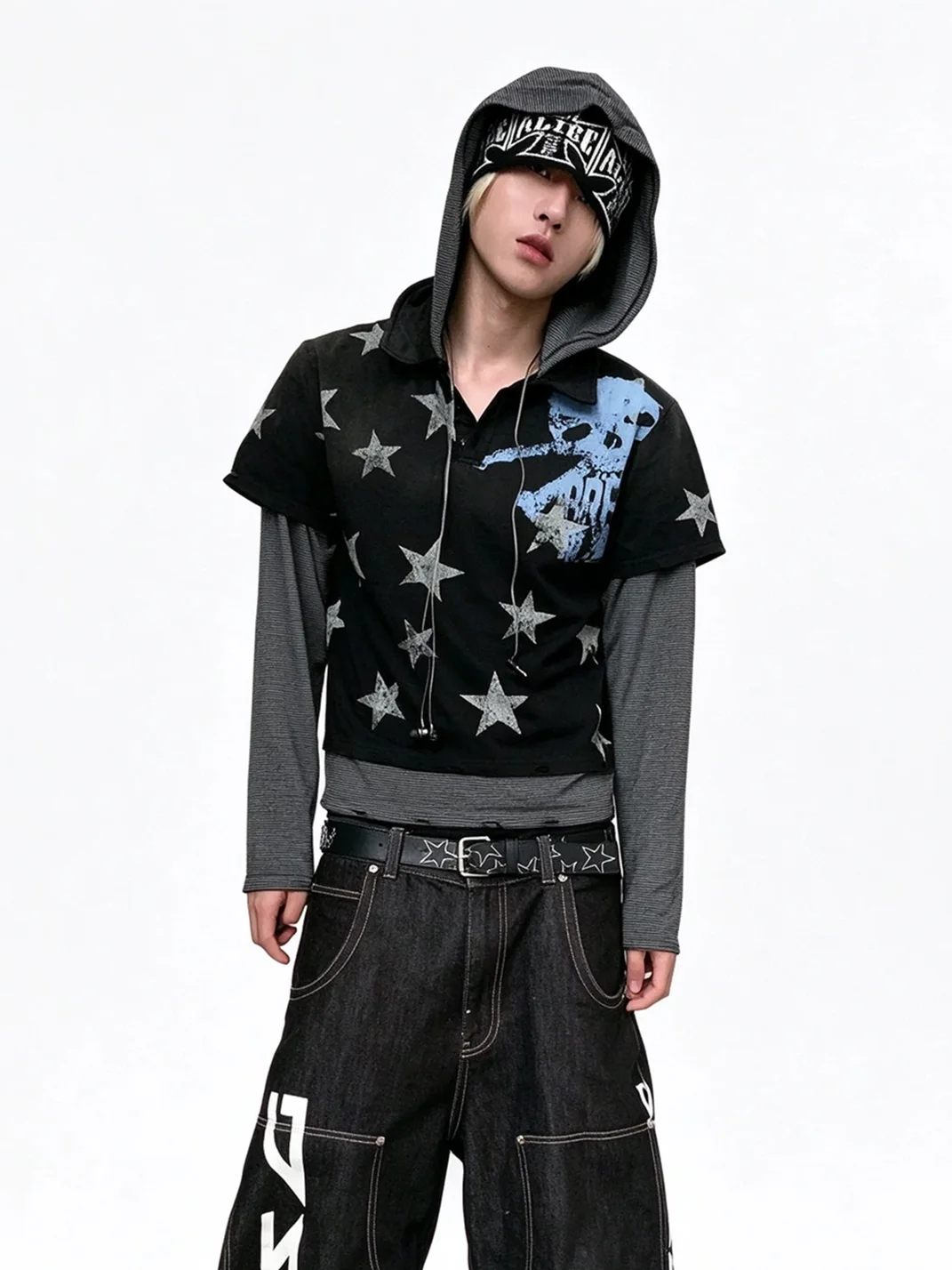 LuuuCam | Star Skull Layered Hooded Long Sleeve T-Shirt