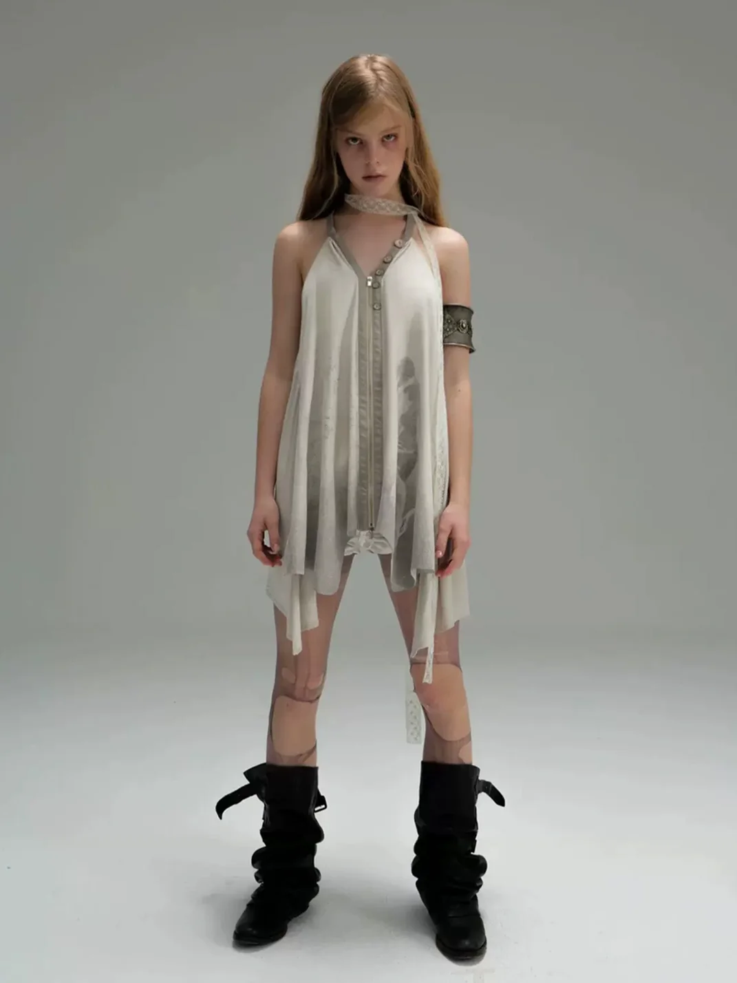 DoublePunch | Printed Faux Suede Zip-Front Backless Halter Dress