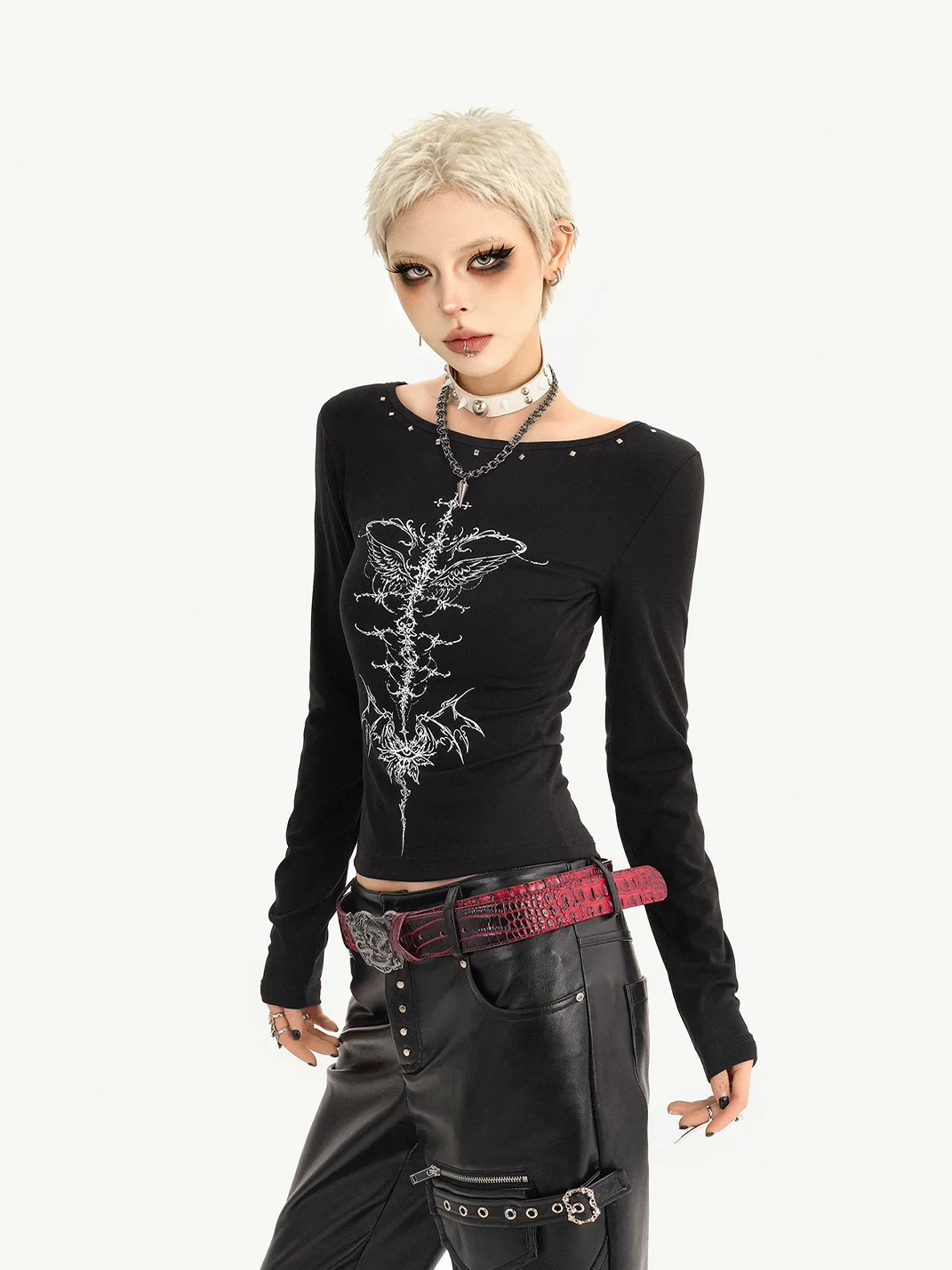 Nico Molly | Black Slim-Fit Long-Sleeve Punk T-Shirt