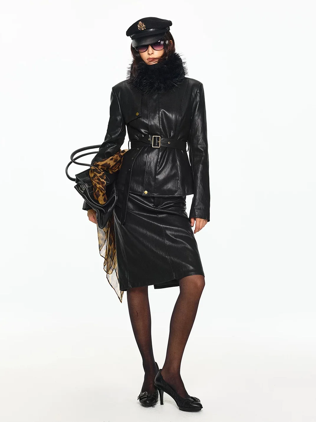 SereneEase | Black Detachable Fur-Collar Leather Jacket And Skirt Set