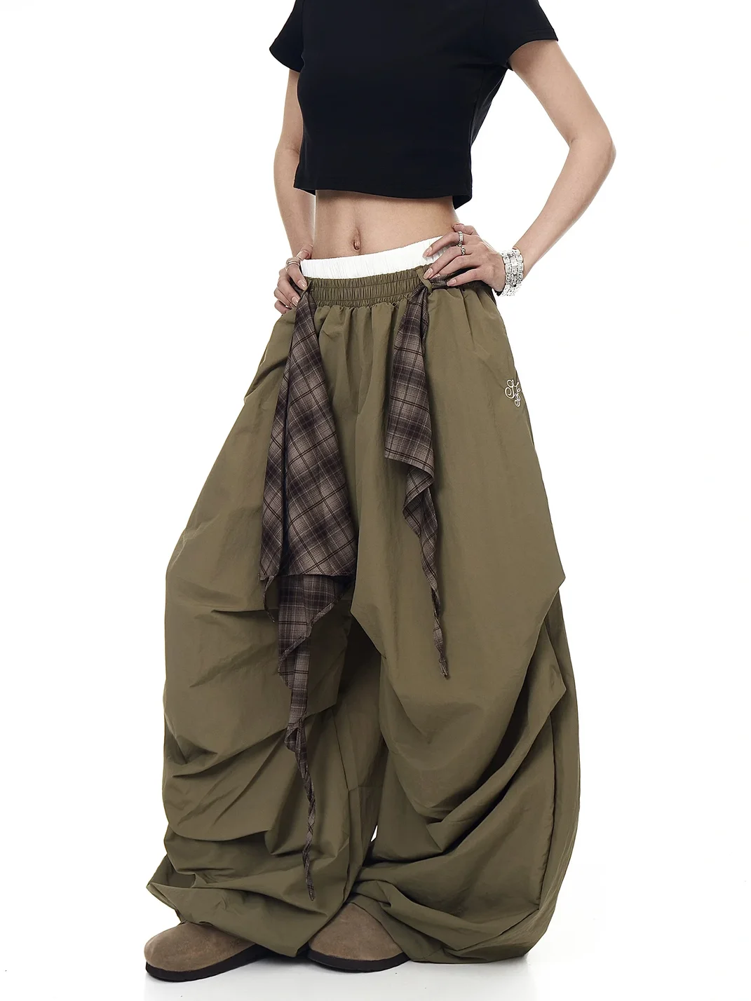 BLACKLISTS | Plaid Accent Double Waistband Wide-Leg Parachute Pants