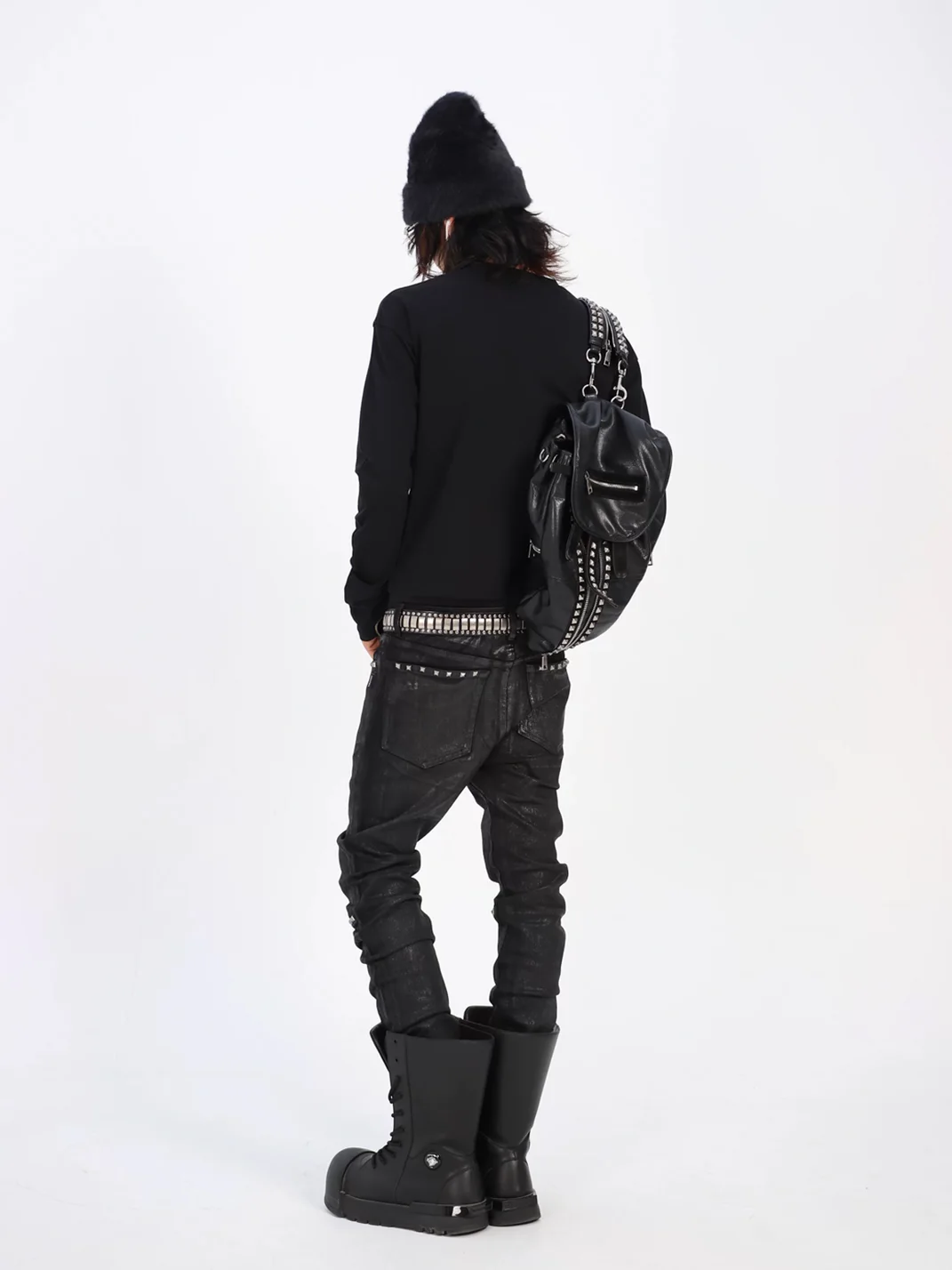 THEWET | Studded Crackle Waxed Slim Straight-Leg Pants