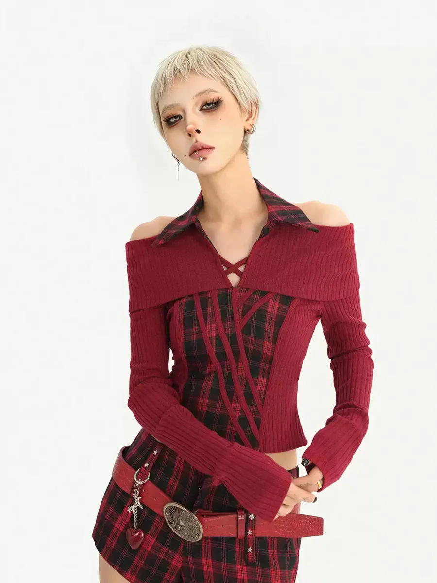 Nico Molly | Off-Shoulder Plaid Knit Top And Shorts Set - 3