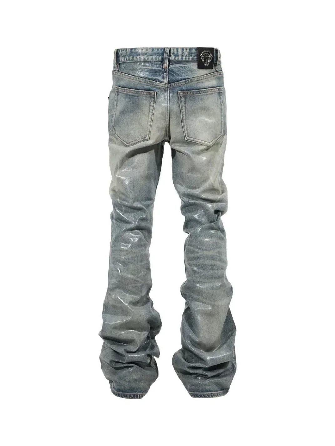 THEWET | Whiskered Coated Stretch Flared Jeans With Laser Motifs
