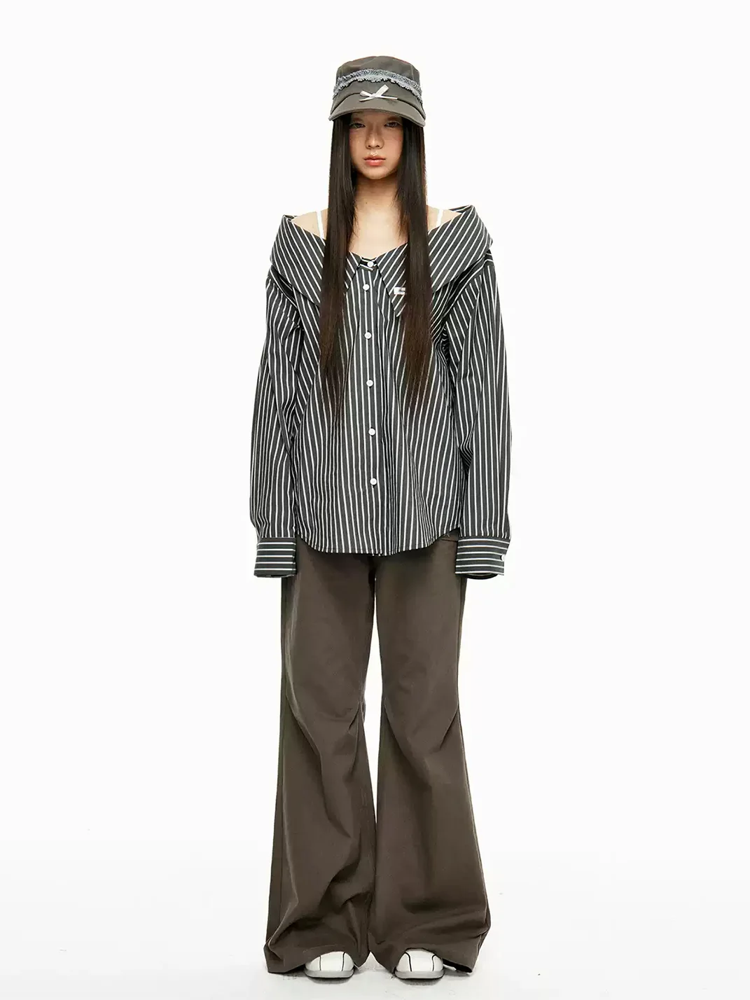 JIKOO | Detachable Collar Vertical Striped Off-Shoulder Shirt