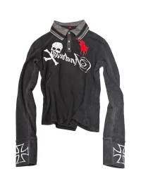 DETW | Skull Graphic Washed Waffle Long Sleeve Polo Shirt