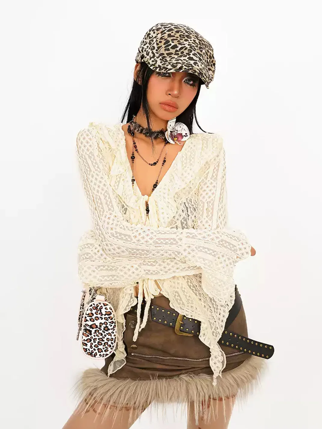 Nico Molly | Tie-Front Lace Blouse With Ruffled Bell Sleeves